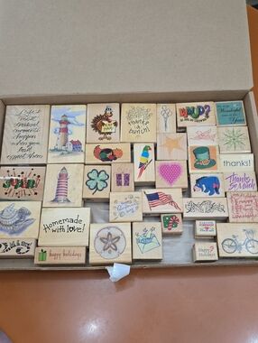 Wooden Rubber Stamp Set (35 Total Stamps) with Colorful Designs
